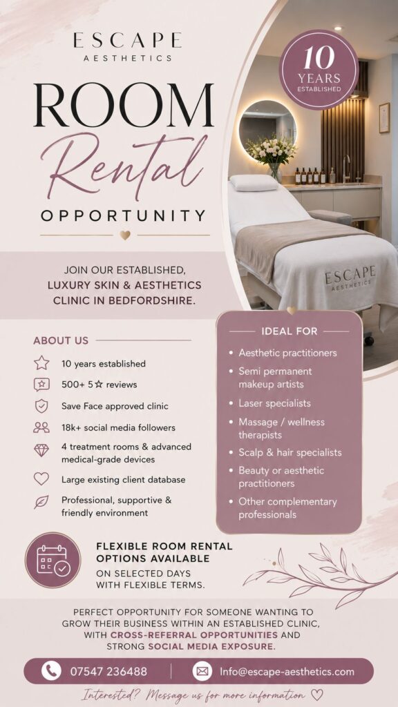 Treatment room to rent at Escape Aesthetics medical spa in Bedfordshire